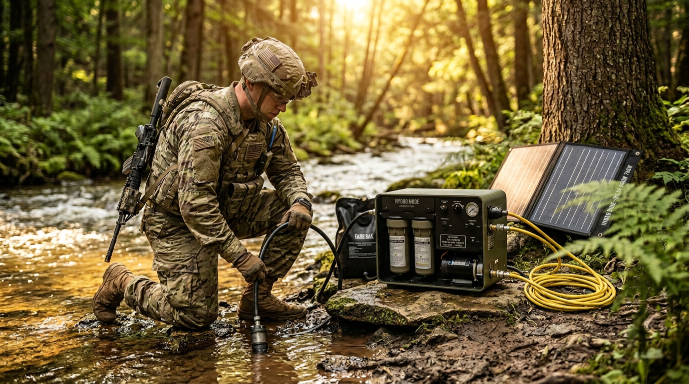 Soldier deploying Hydro Node HN-03 Solar water purification unit at a forest river