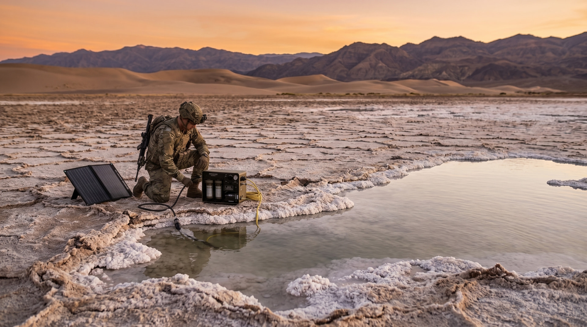 Soldier deploying a Hydro Node HN-04 DeepSalt solar desalination unit at a salt flat brine pool